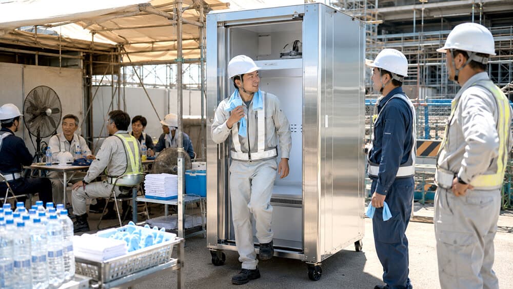 建設現場の休憩所で暑さ対策設備を確認する作業員