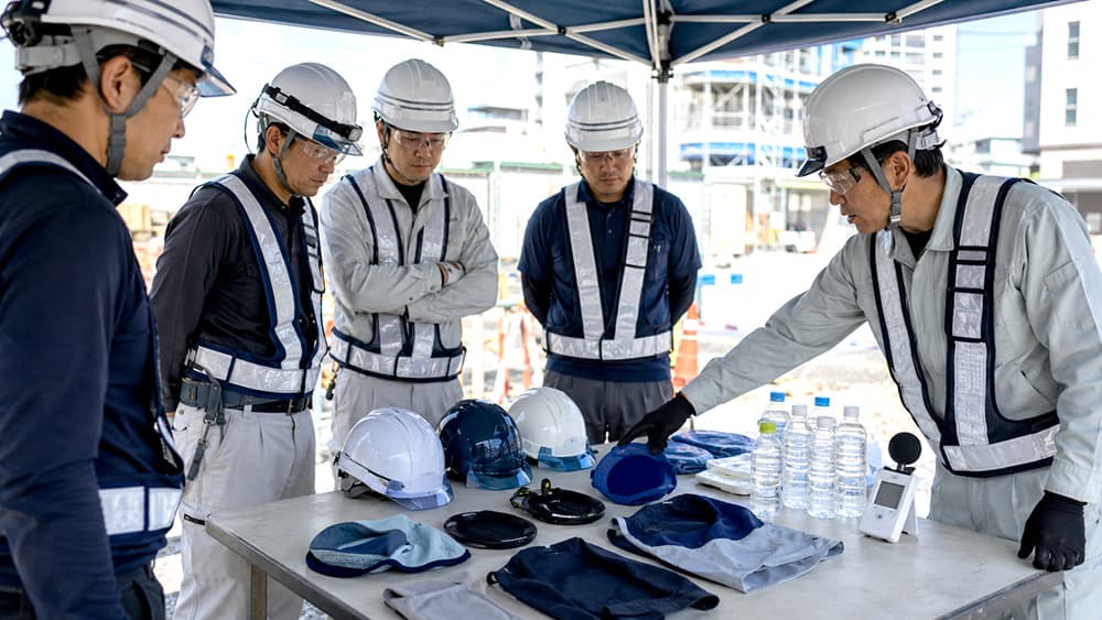屋外工事現場でヘルメット着用時の暑さ対策を確認する作業員