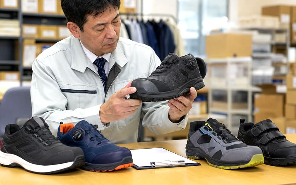 倉庫作業向け安全靴の先芯や靴底を確認する担当者