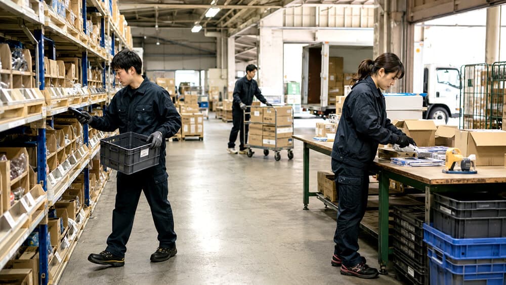 ピッキングや検品など倉庫作業別に安全靴を使い分けるイメージ