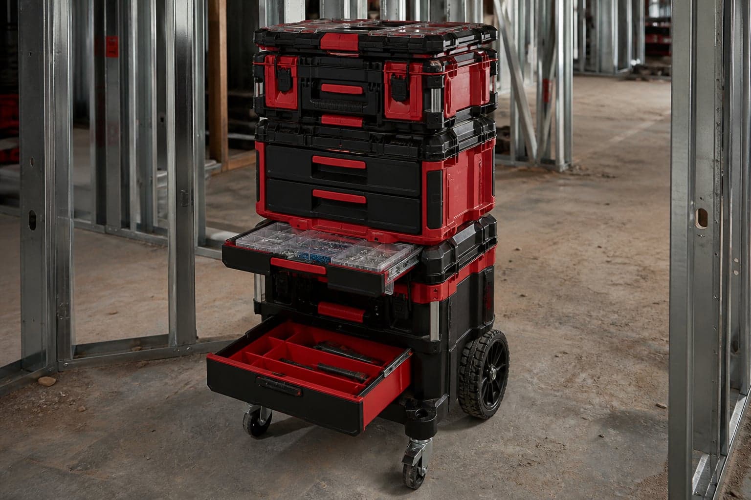 連結・積み重ねたMilwaukee PACKOUTの収納システムのイメージ