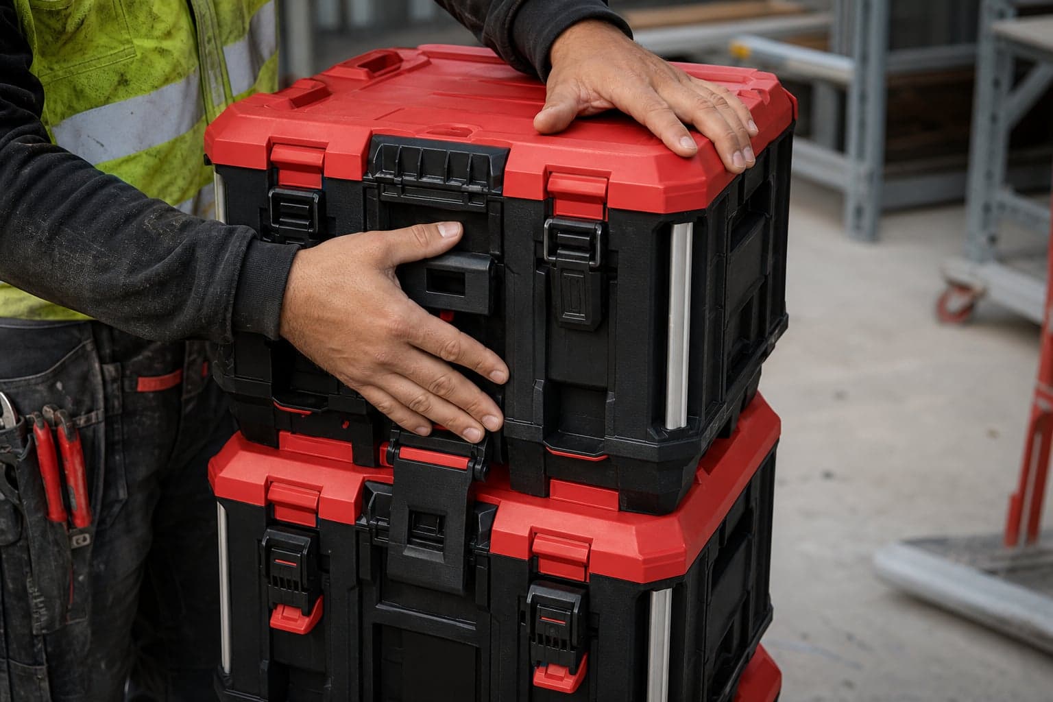 PACKOUTを積み重ねてワンタッチで連結する様子のイメージ
