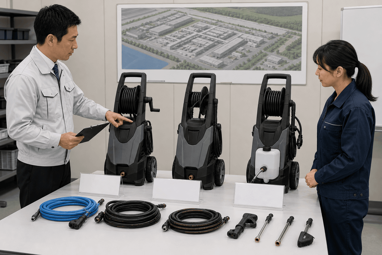 100V業務用高圧洗浄機を周波数・水量・自吸で比較するイメージ
