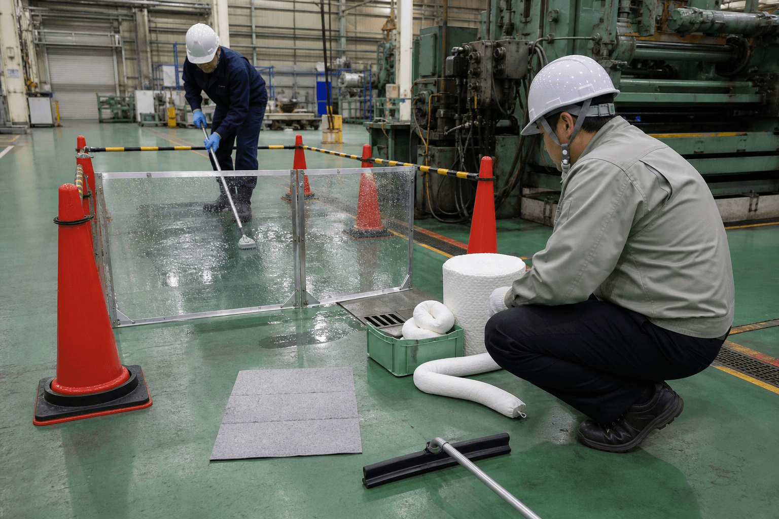 塗装床で試し洗いし排水と飛沫養生を確認するイメージ