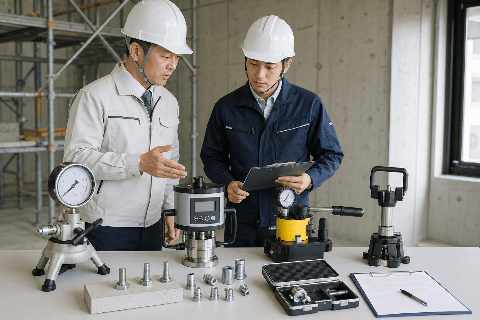 アンカー引張試験機を用途や最大荷重から比較する建設現場のイメージ