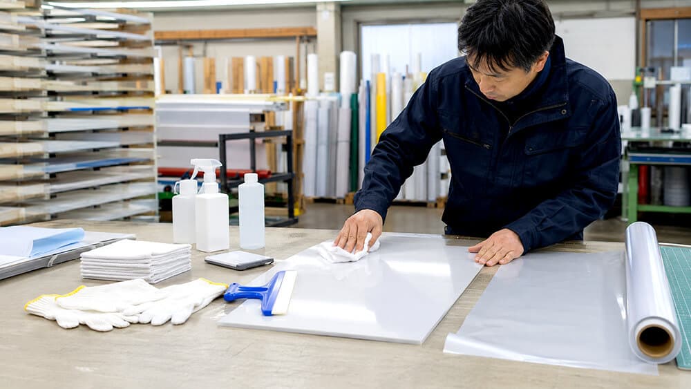看板製作現場で静電防止剤を使って樹脂板を拭き上げる作業者