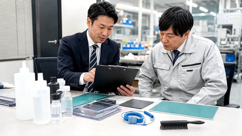 静電防止剤と静電気対策用品の購入チェックリストを確認する購買担当者