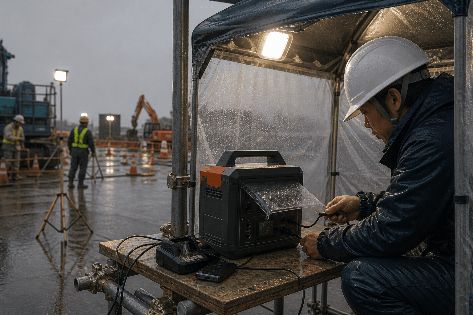 雨天の工事現場でポータブル電源を活用する屋外電源のイメージ