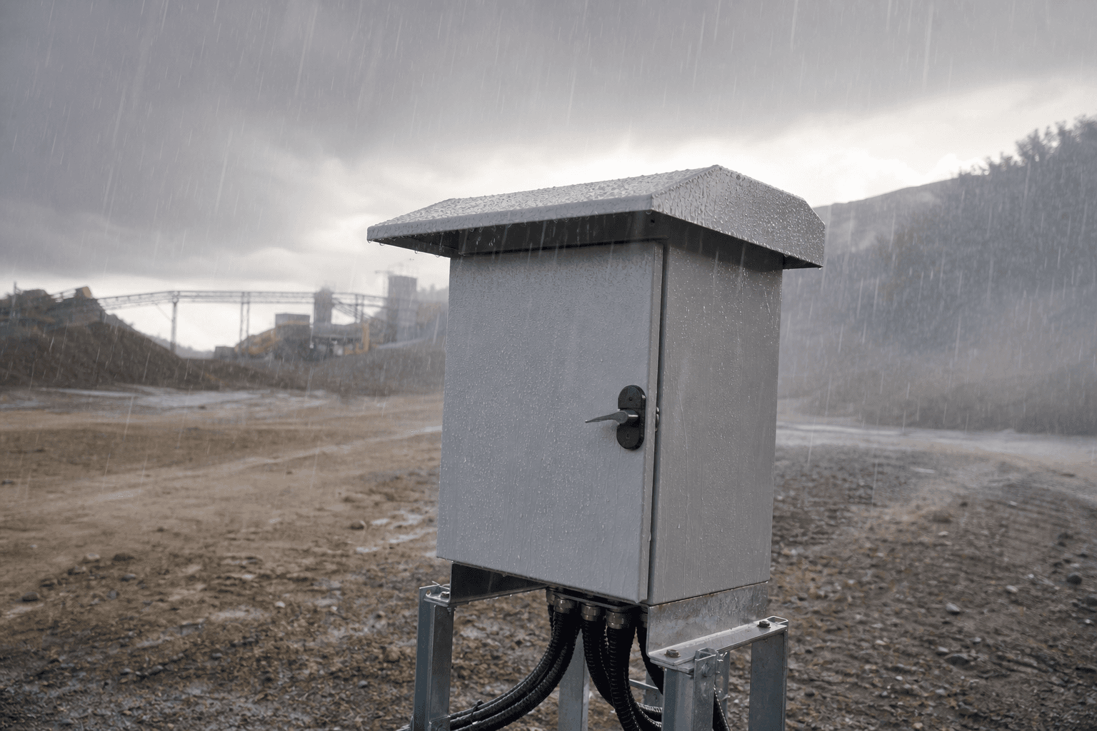 粉じんと雨のある屋外現場で防塵防水性能が求められる電源機器のイメージ