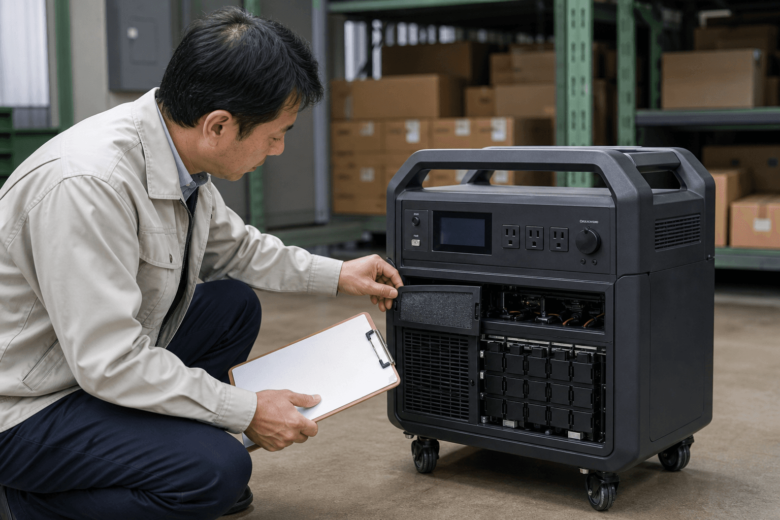 防災備蓄用ポータブル蓄電池を定期点検するイメージ