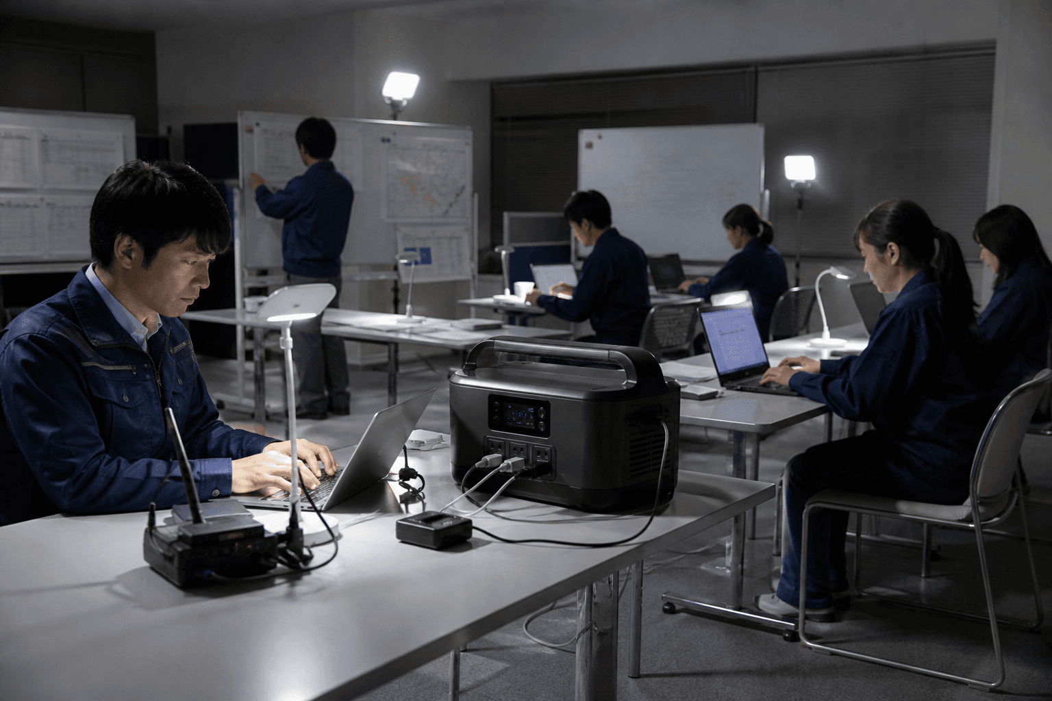 停電時の事業所BCPでポータブル蓄電池から通信機器へ給電するイメージ