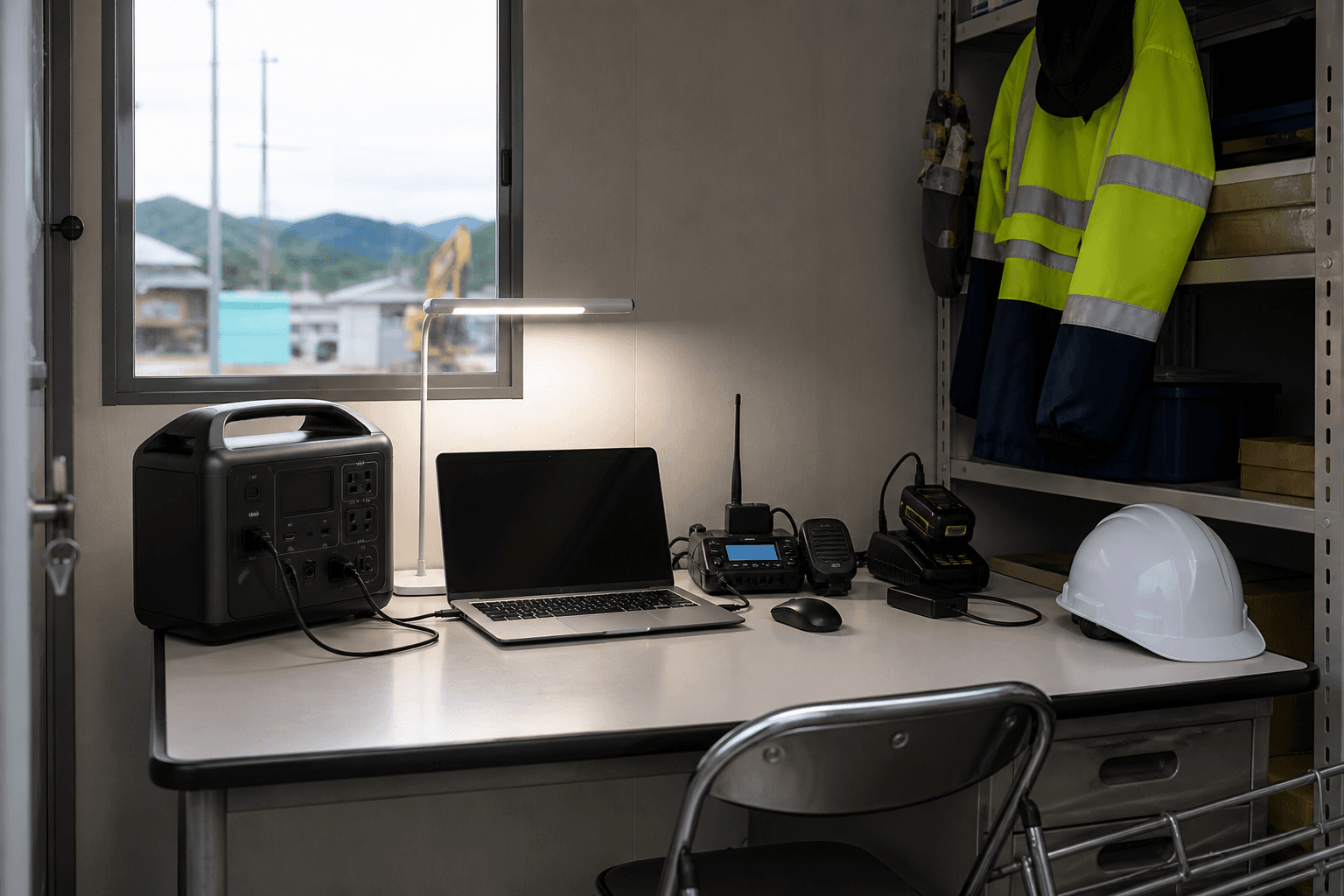 ポータブル電源で照明・PC・工具充電器へ給電するイメージ