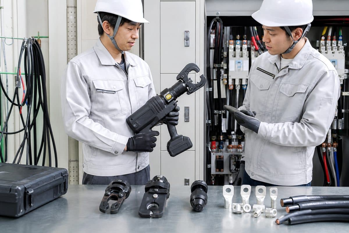 充電油圧式多機能工具で圧着・切断・盤加工の工程を比較するイメージ