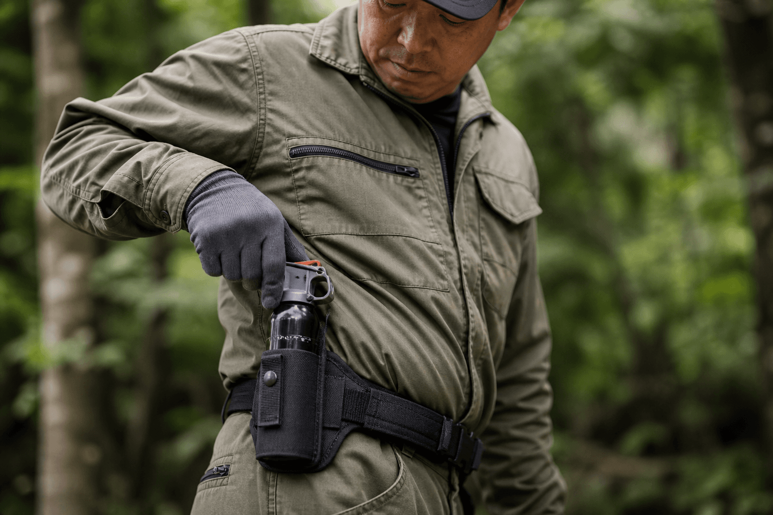 熊撃退スプレーを腰部の専用ホルスターに装着するイメージ