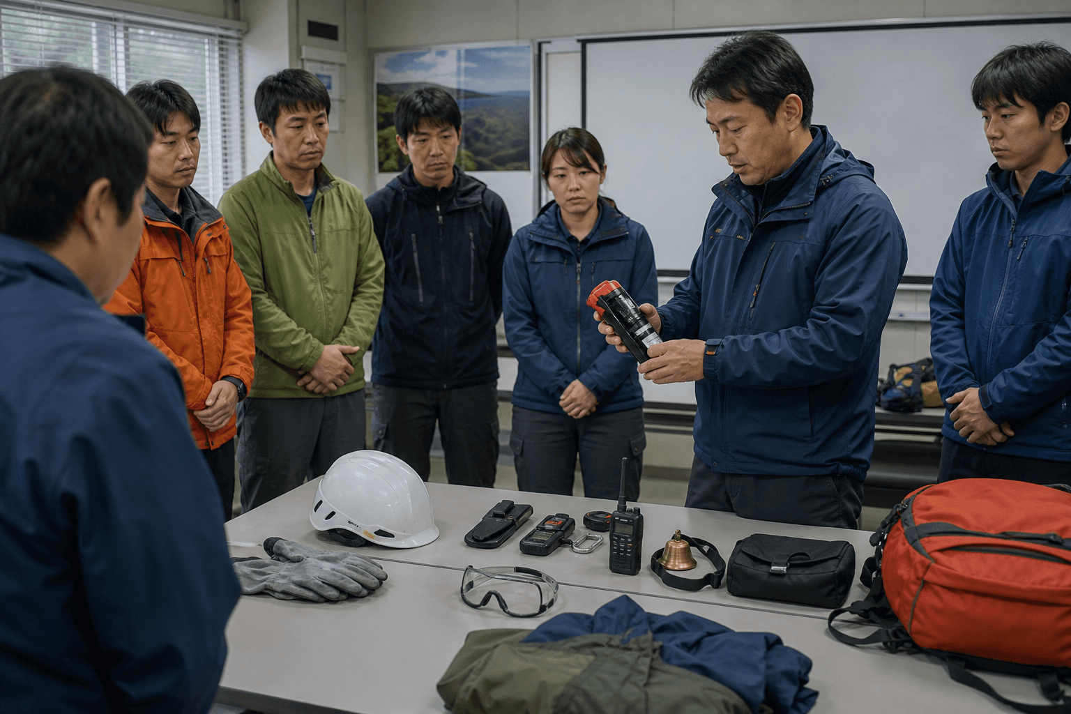 山間部作業の熊対策装備を法人が点検するイメージ