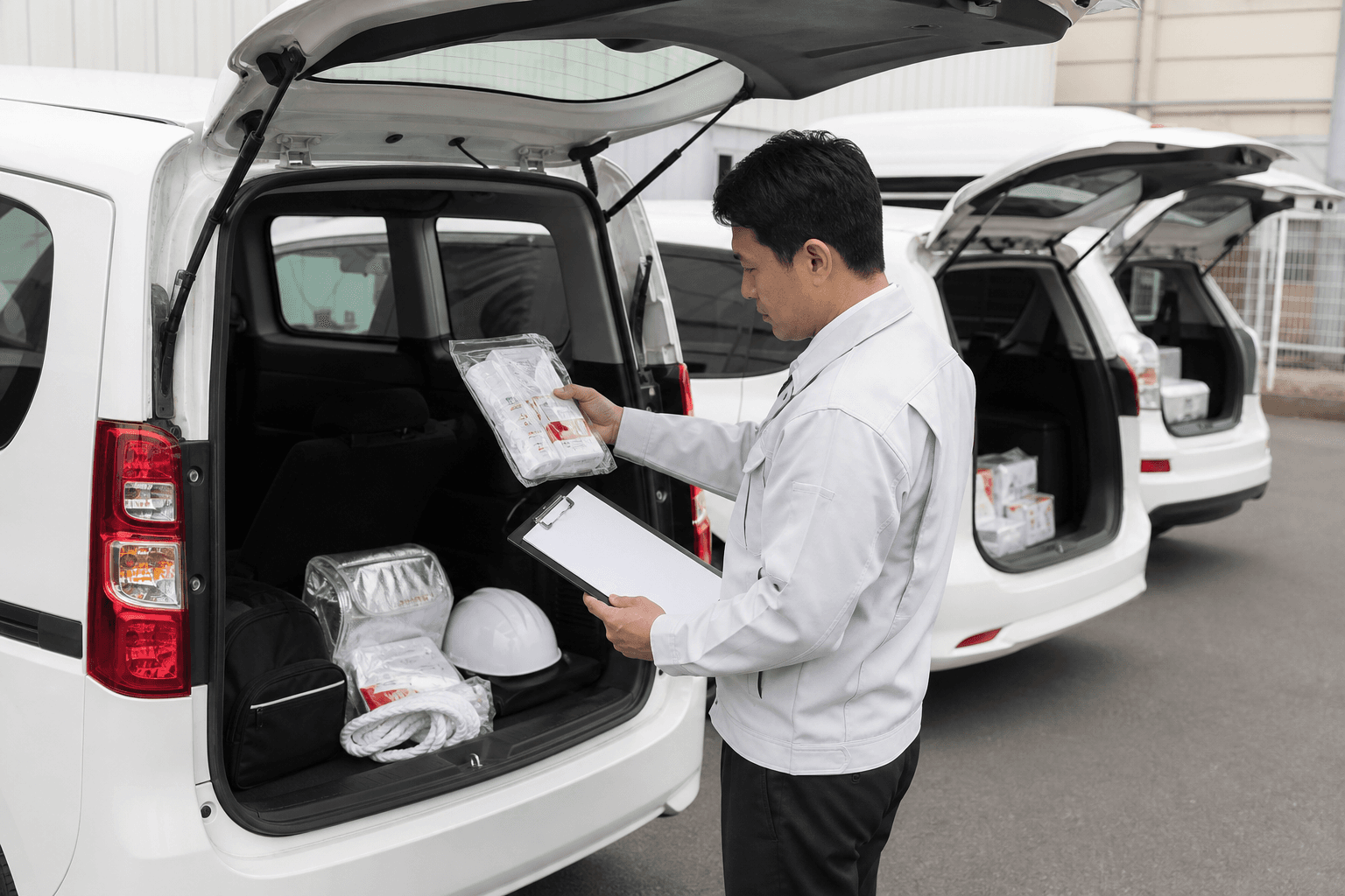 社用車の防災セットを総務・安全担当者が定期点検するイメージ