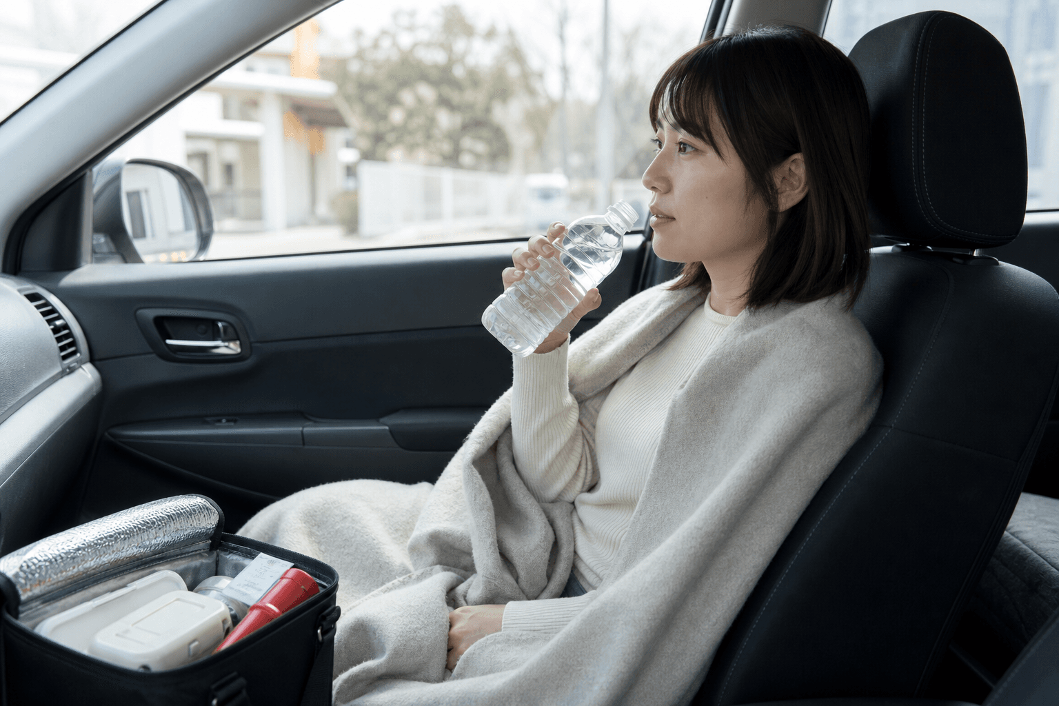 災害時の一時的な車内待機でブランケットや水を使用するイメージ