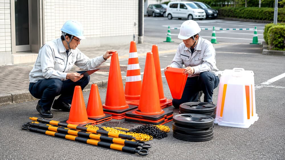 駐車場や工事現場で使うカラーコーン・コーンバー・チェーンを確認する担当者