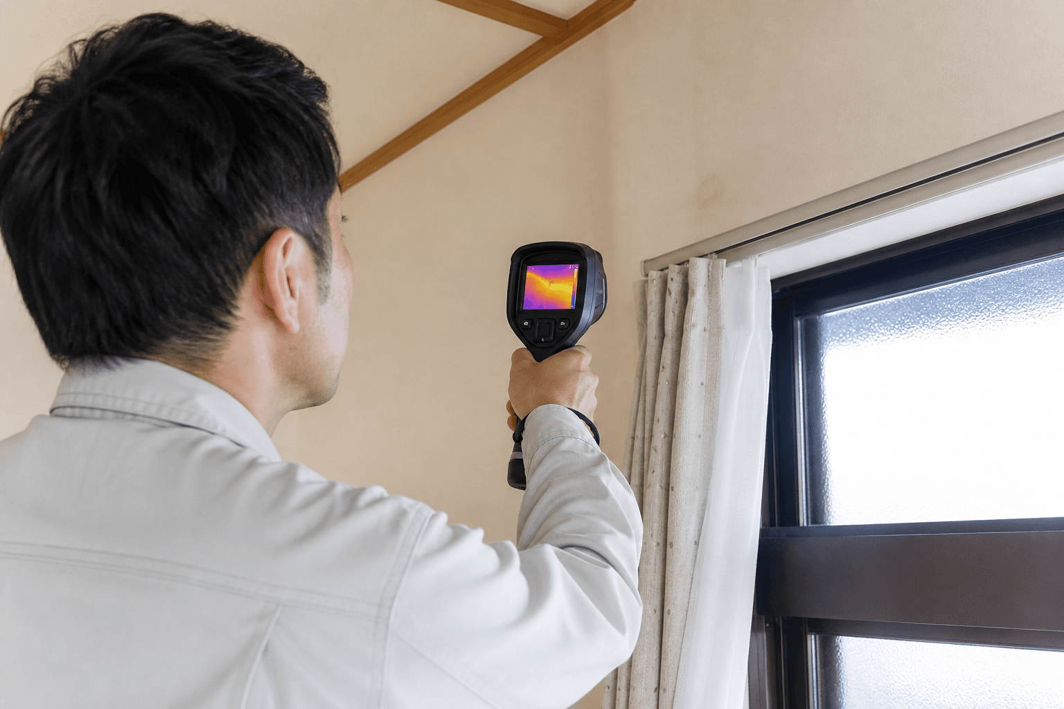 サーモグラフィで壁面の表面温度差を確認する建物診断イメージ