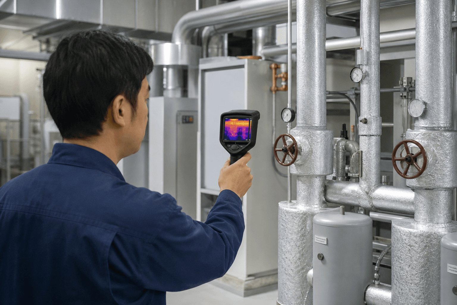 空調配管やHVAC設備の温度ムラをサーモグラフィで確認するイメージ