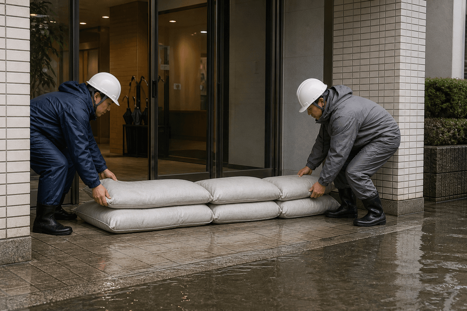 土砂を置きにくい施設入口で吸水式の水害対策資材を配置するイメージ