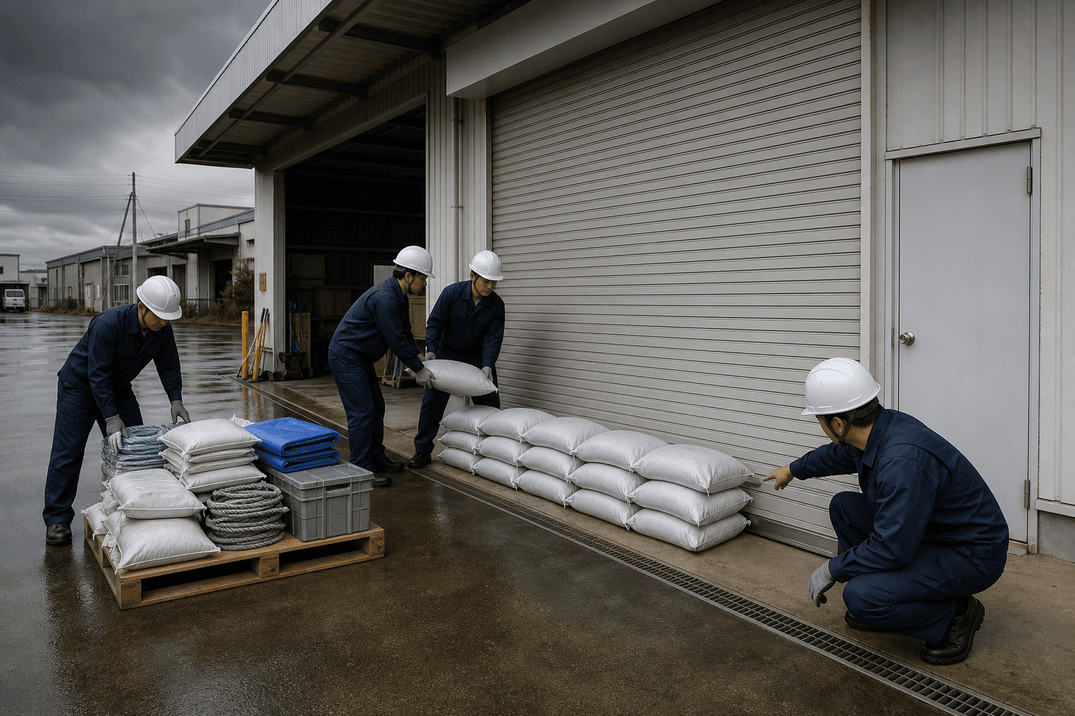 大雨に備えて工場入口へ土のうを準備する法人の水害対策イメージ