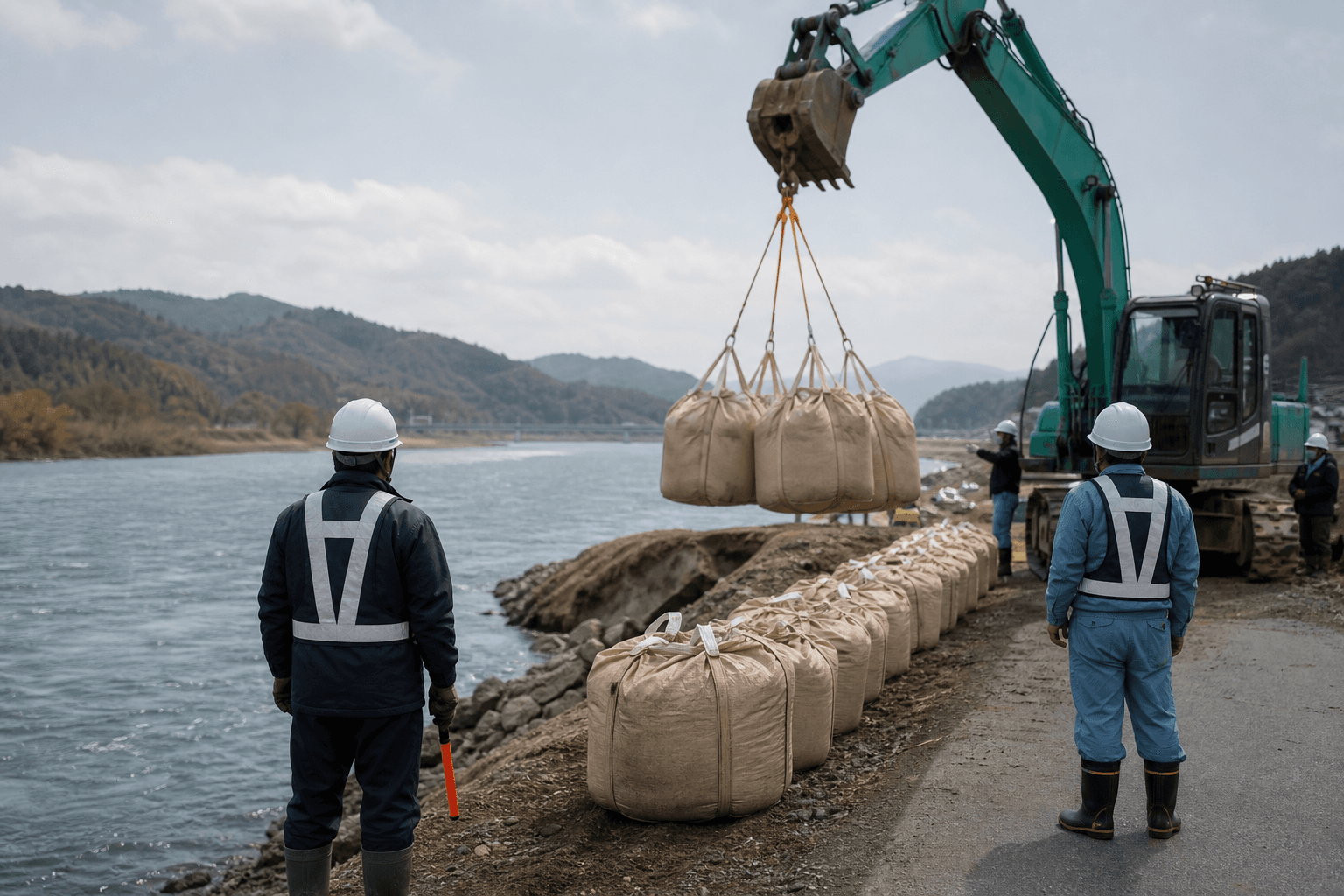 河川や道路の災害復旧で大型土のうを重機施工するイメージ