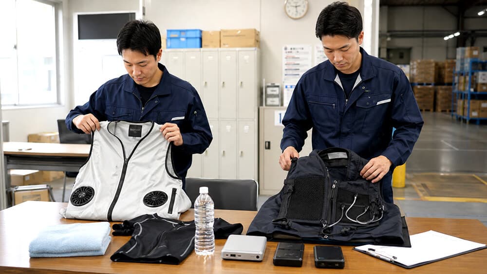 倉庫作業で冷却ベストと空調服を使い分けるイメージ