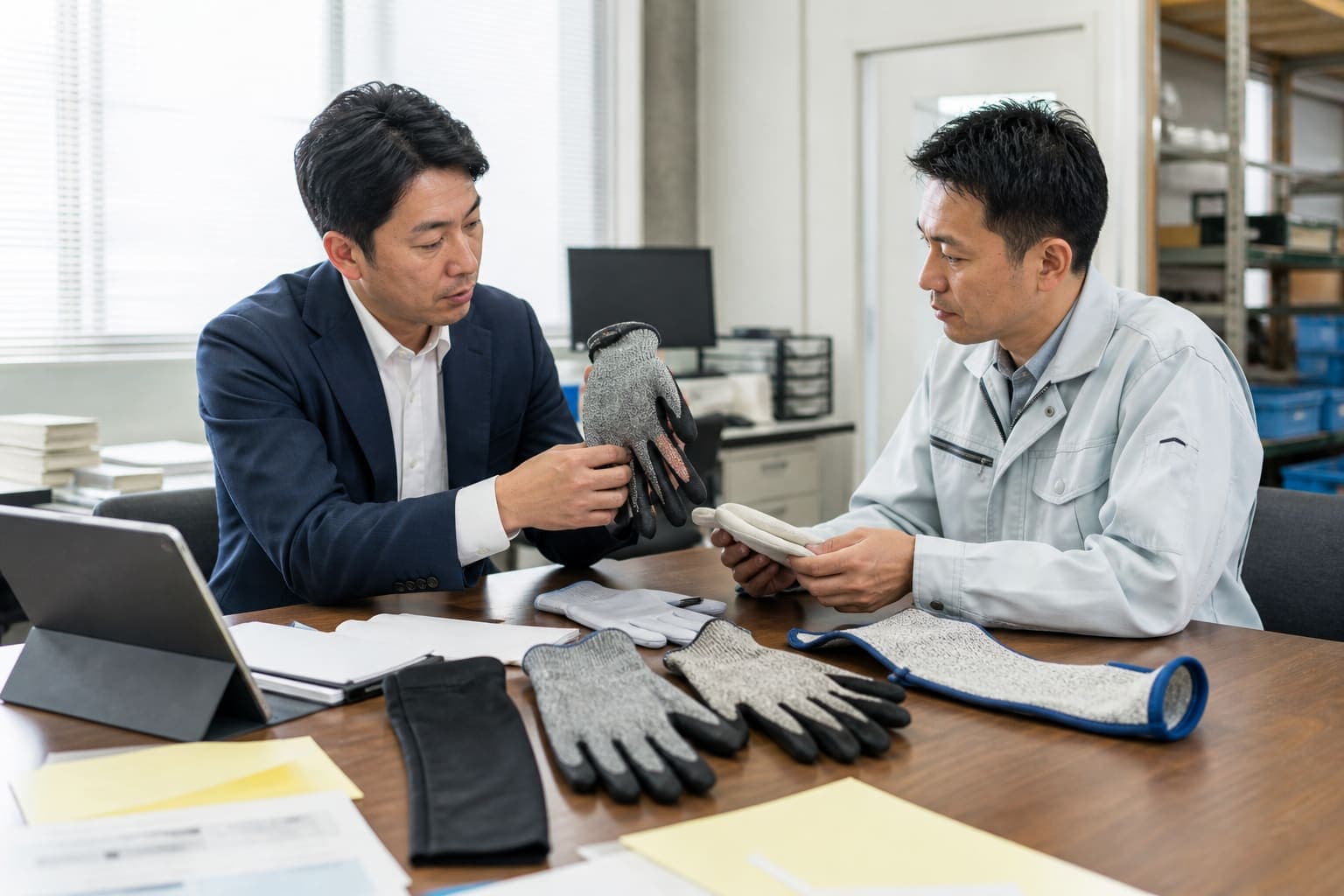 法人担当者が耐切創手袋や腕カバーを比較するイメージ