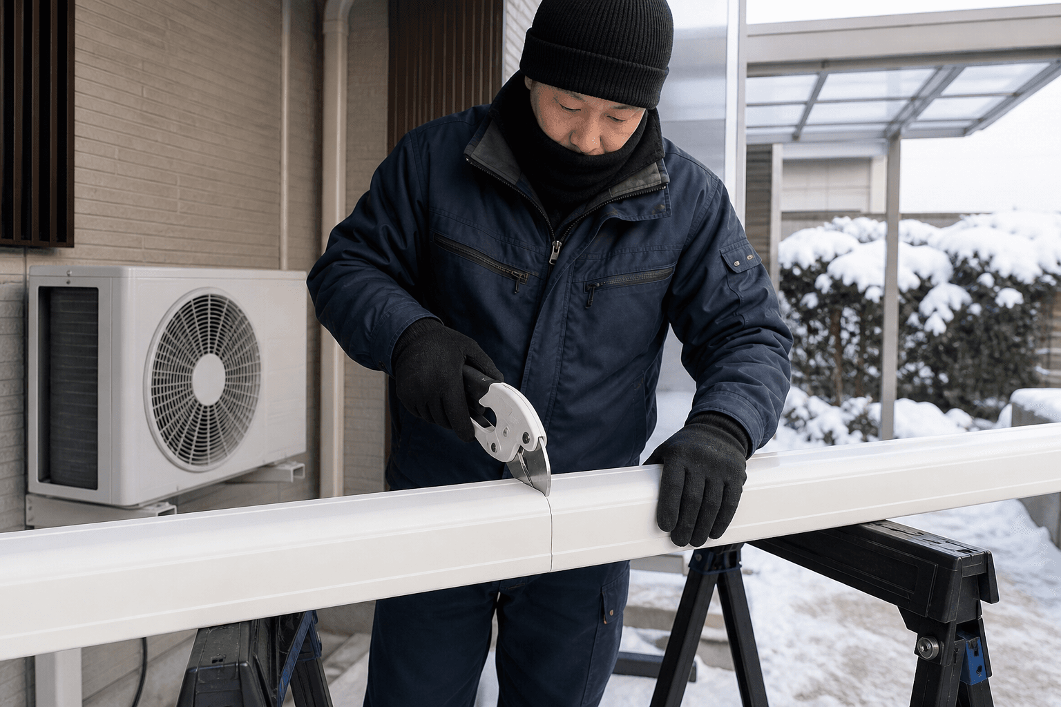 冬の低温環境で樹脂ダクトを割れに注意しながら切るイメージ