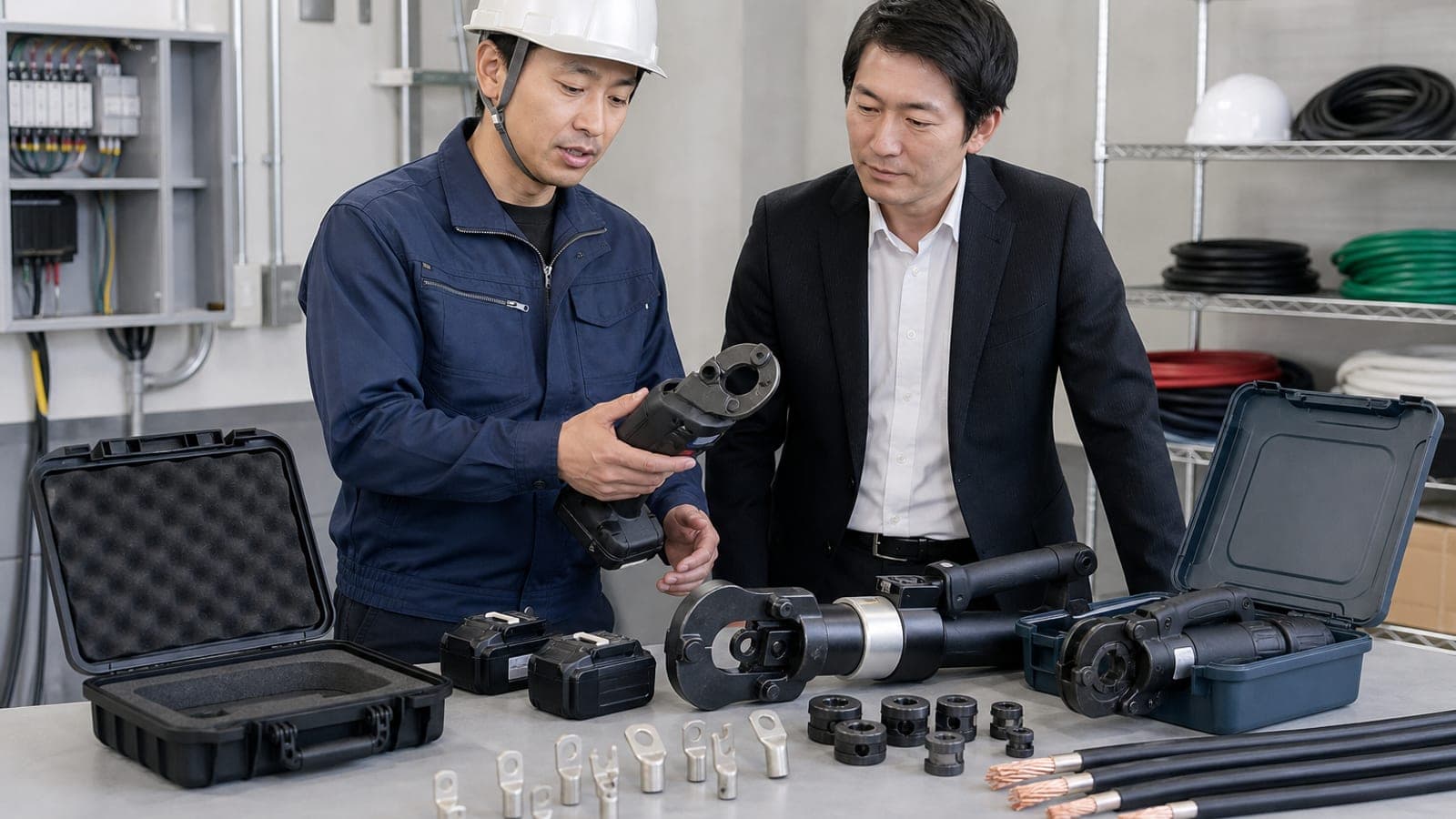電気工事担当者が手動工具と充電式圧着器を比較するイメージ