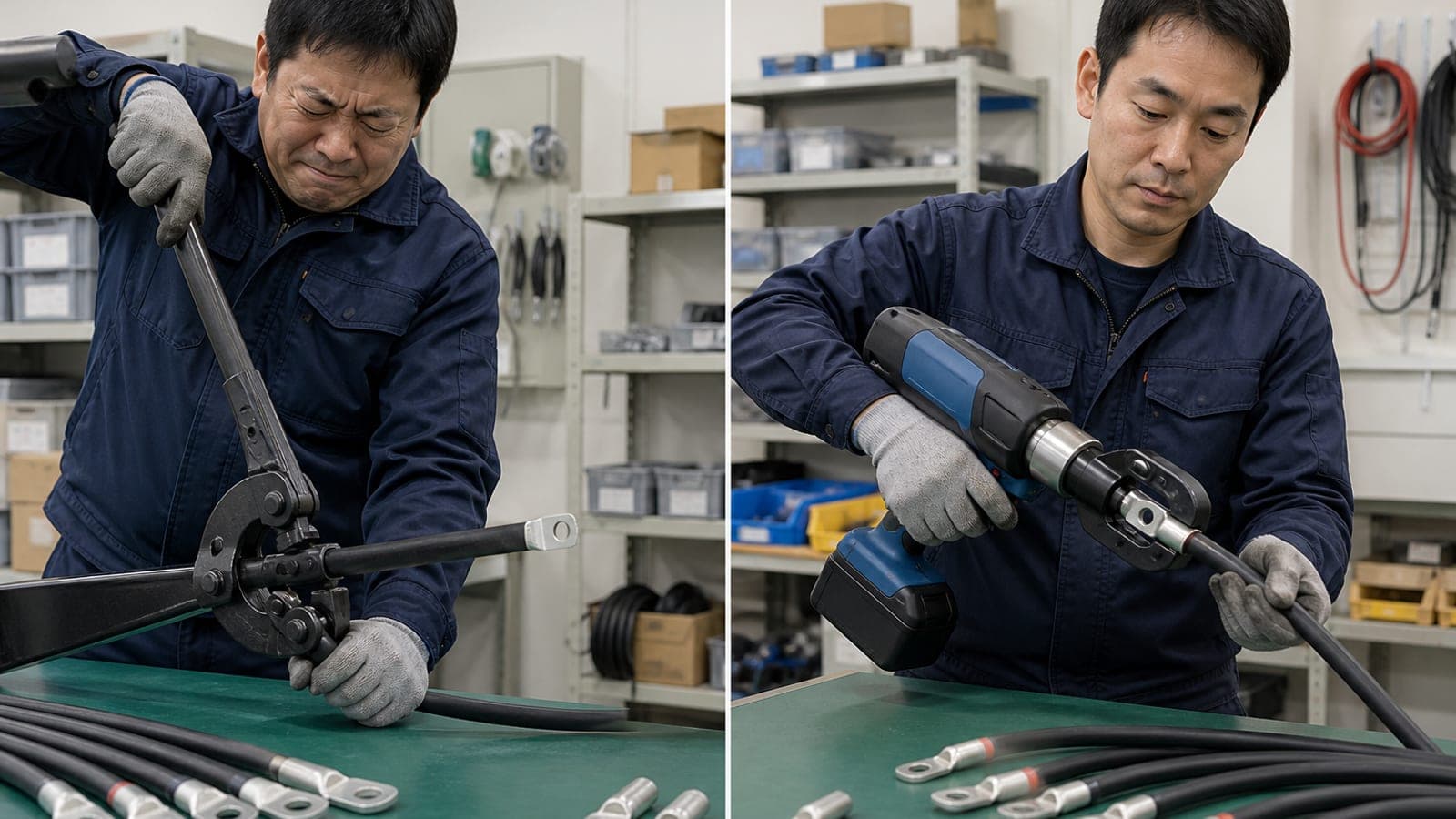 手動圧着工具と充電式圧着器の作業負担を比較するイメージ