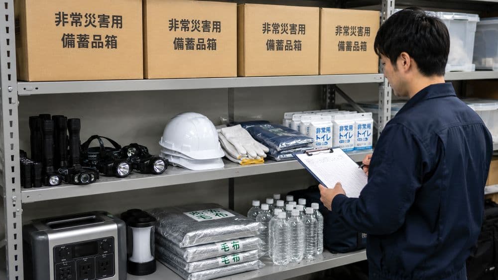 オフィスで非常災害用備蓄品箱に防災用品をまとめて保管するイメージ
