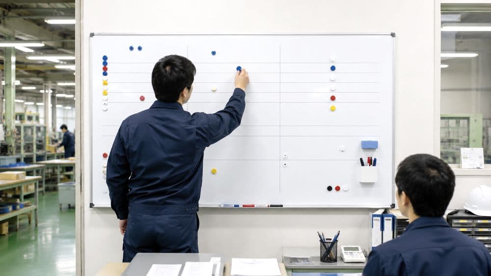 工場でスチール複合板のホワイトボードを使うイメージ