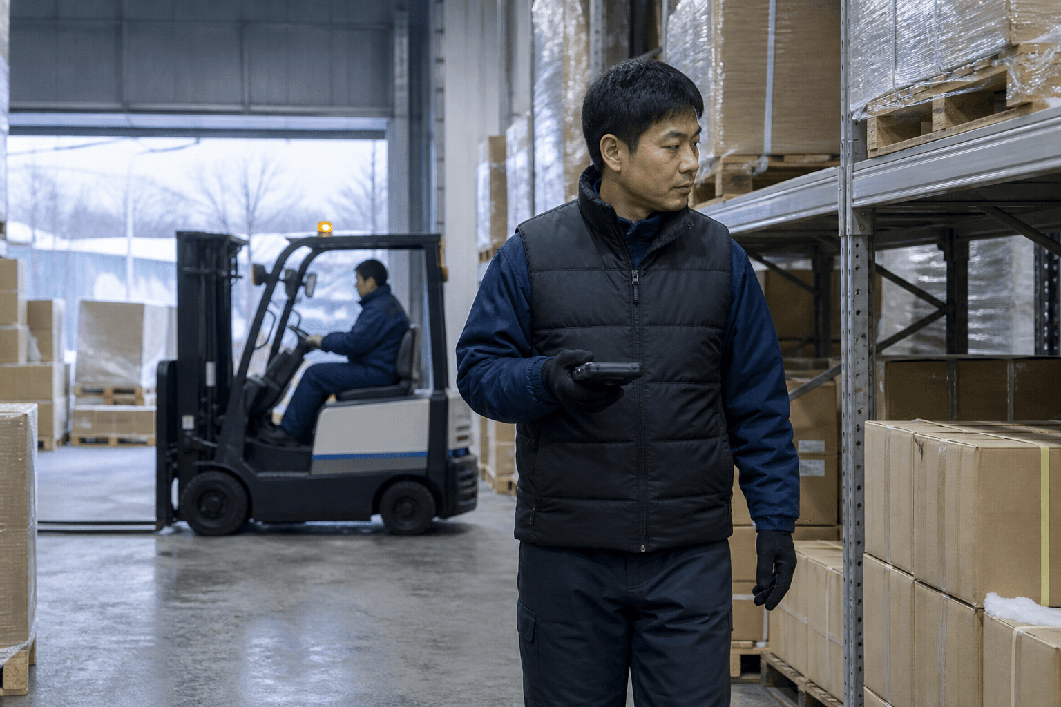 ヒーターベストを着用して倉庫内を移動する作業者