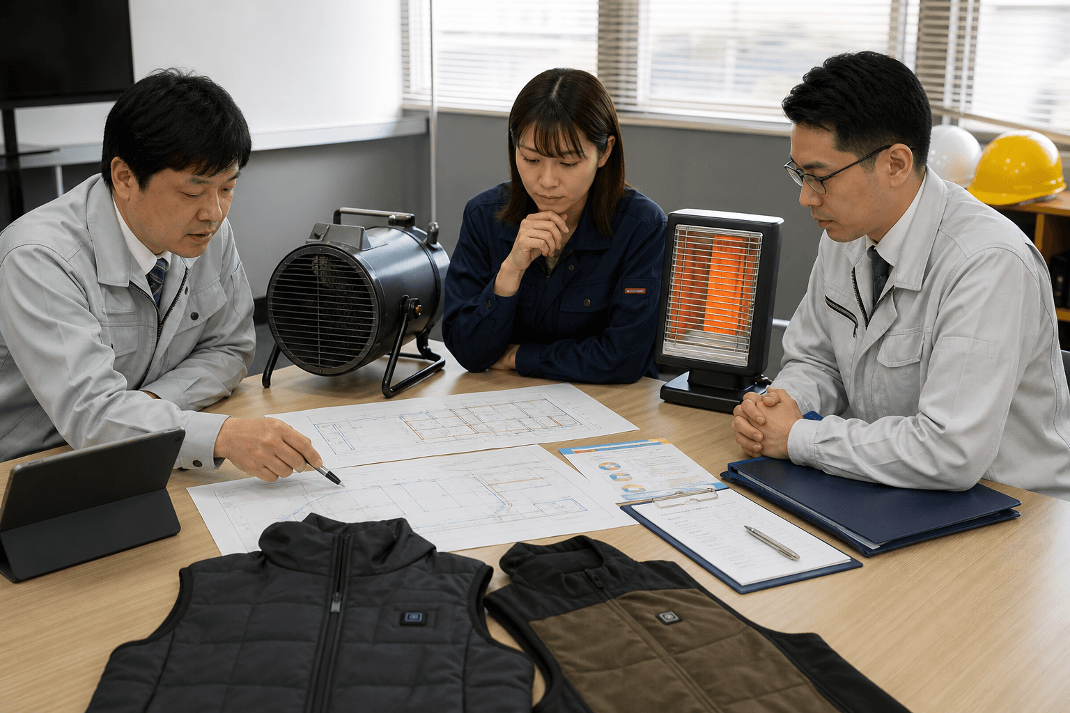 法人担当者が工場用ヒーターと安全条件を比較するイメージ