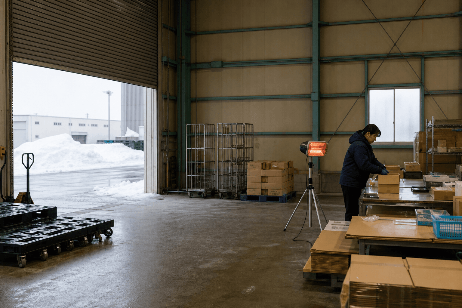 搬入口から冷気が入る倉庫で作業地点を暖めるイメージ