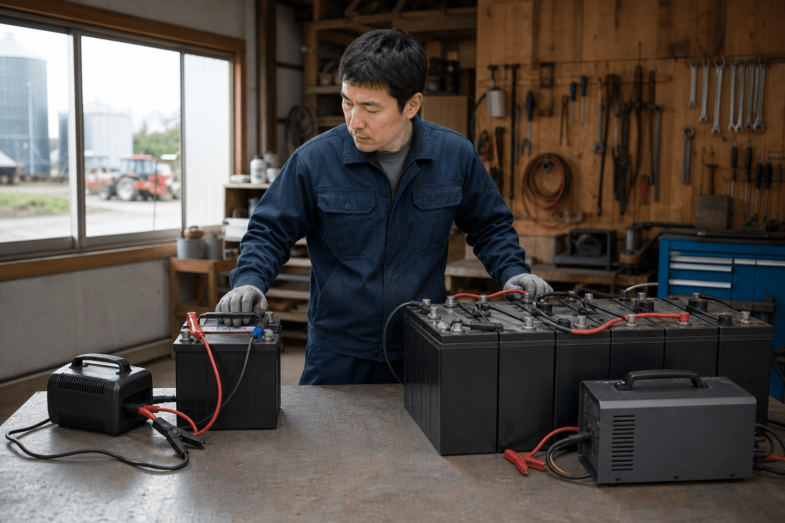 農機の12V・24Vバッテリー仕様を確認して充電器を選ぶイメージ