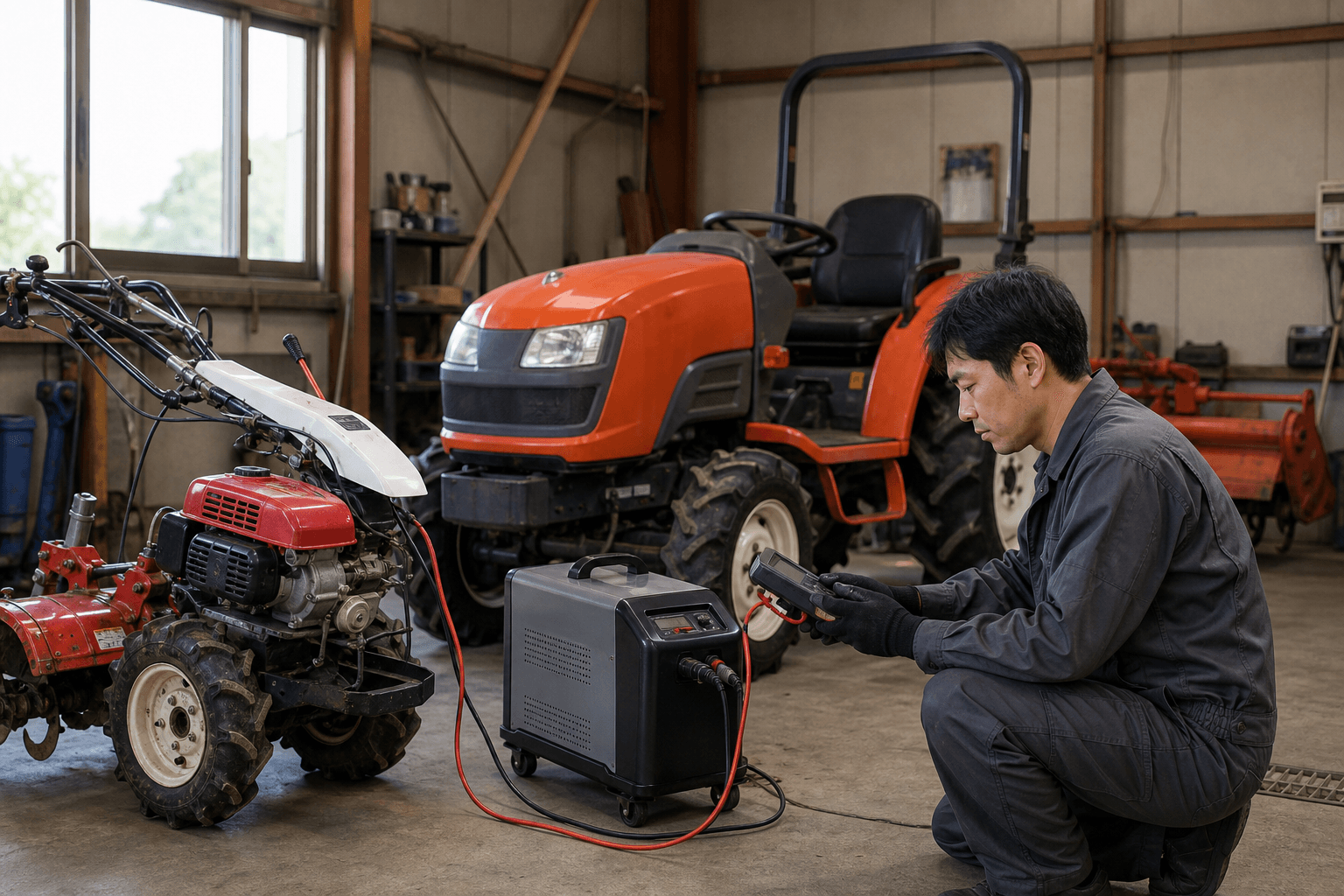 小型トラクターや管理機向けバッテリー充電器を選ぶイメージ