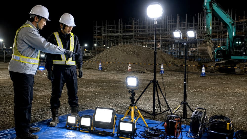 投光器のルーメン目安を確認しながら夜間作業の照明を選ぶイメージ