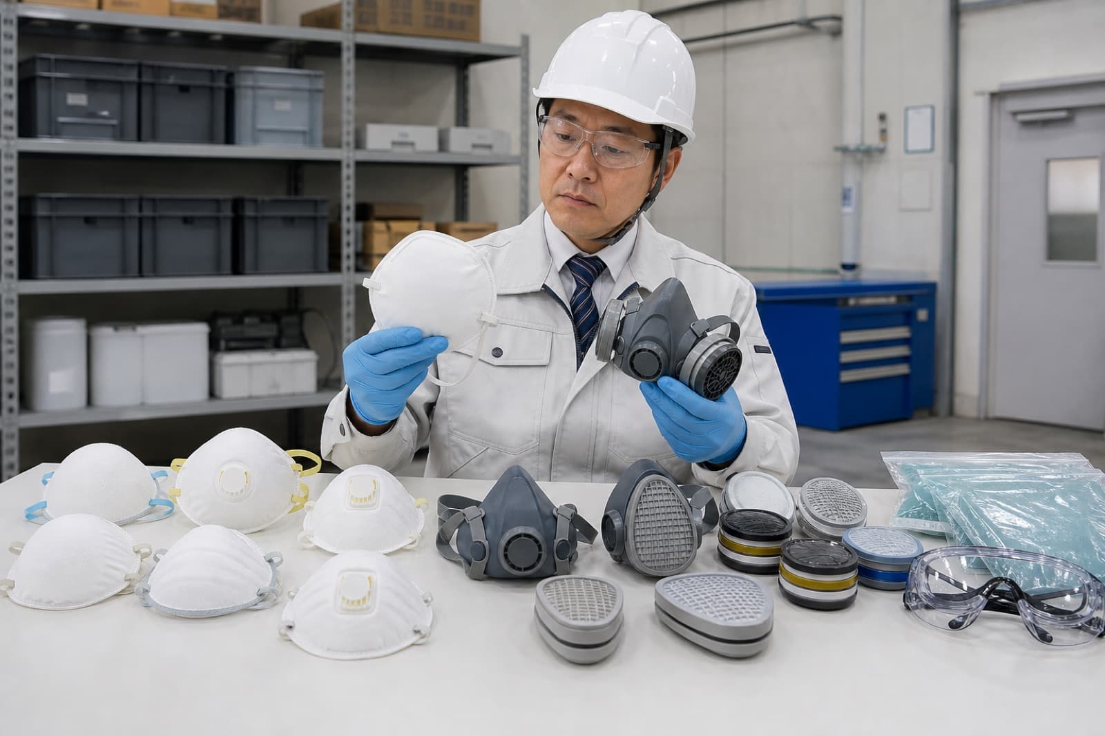 使い捨て式と取替え式の防じんマスクを作業条件に合わせて比較するイメージ