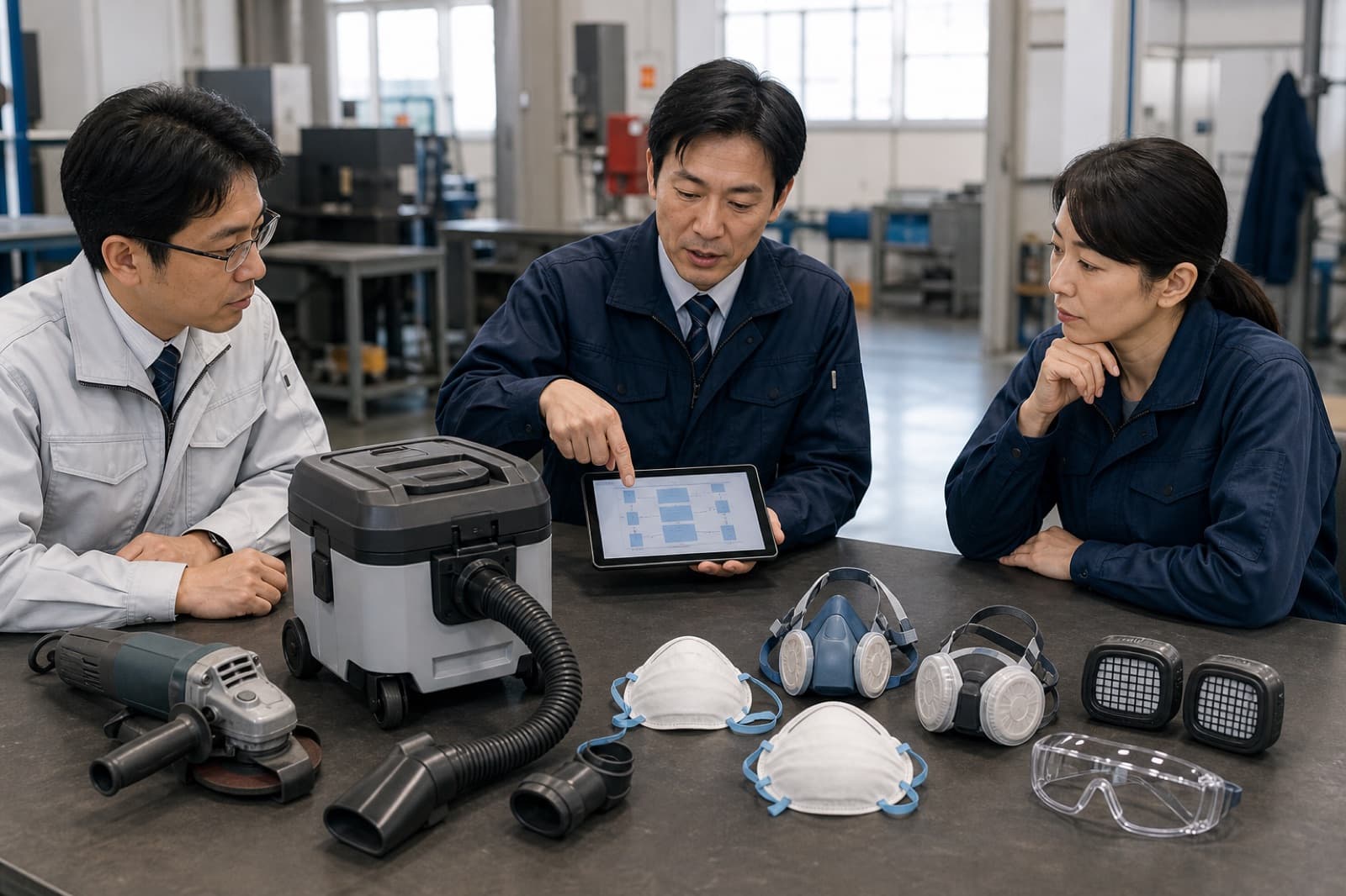 安全衛生担当者と現場責任者が研磨作業の粉じん対策用品を選定するイメージ