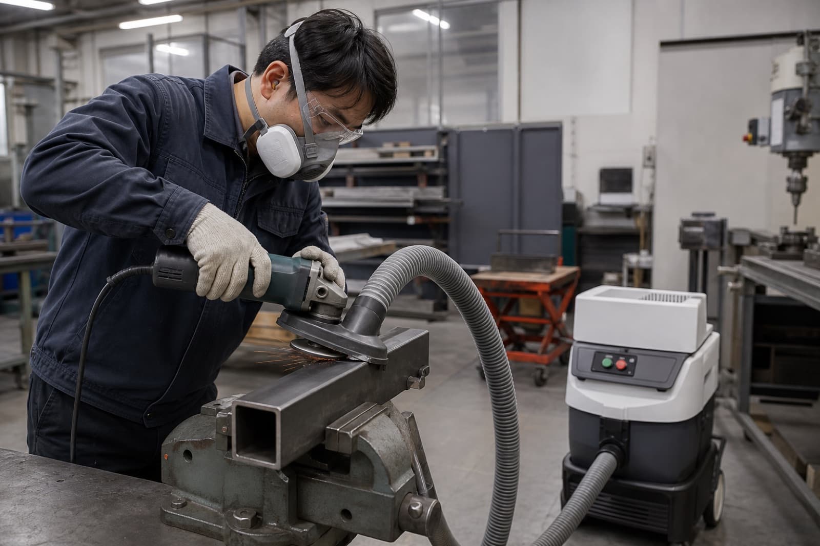 グラインダー研磨で発生する粉じんを集じんしながら作業する工場のイメージ