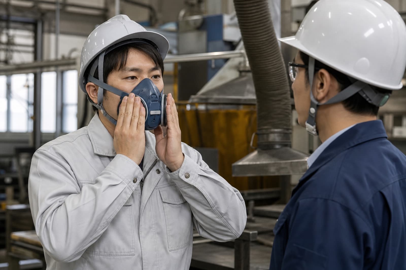 作業前に防じんマスクの密着状態を確認する作業者のイメージ
