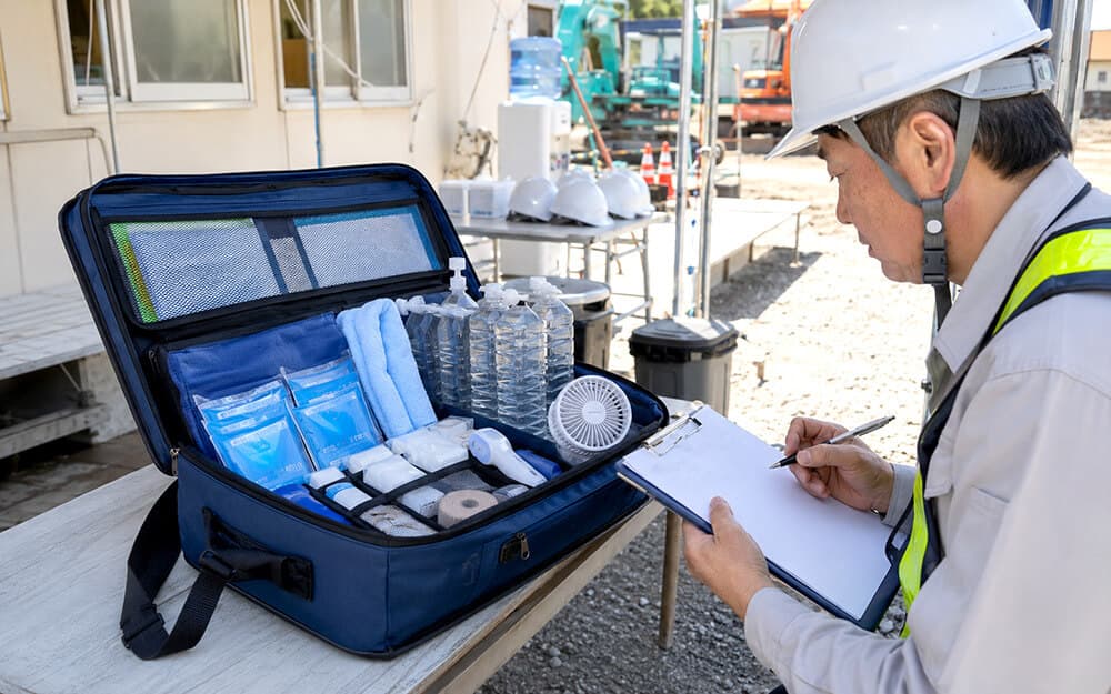 外仕事に備えて熱中症応急セットを準備するイメージ