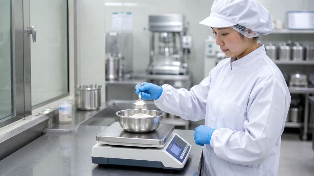 食品工場で高精度電子台はかりを使い原料を計量する作業者
