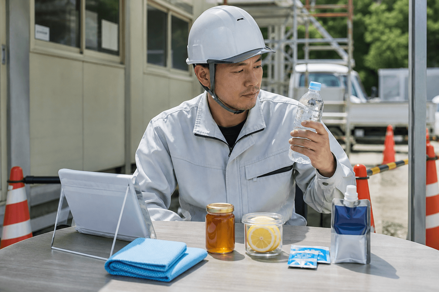 暑い作業現場の休憩所ではちみつ入り飲料と水分塩分補給品を確認するイメージ