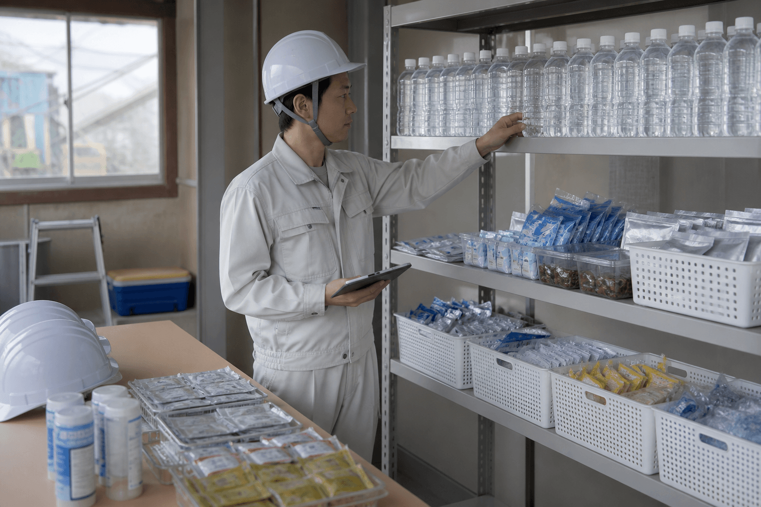 休憩所に水分塩分補給用品を分散配置したイメージ
