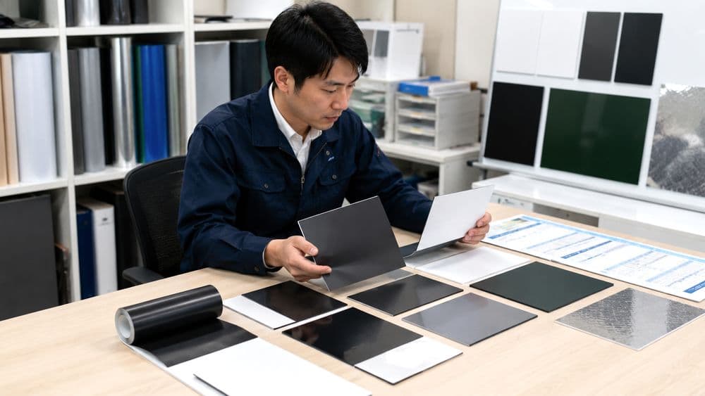 購買担当者がマグネットシートを比較するイメージ