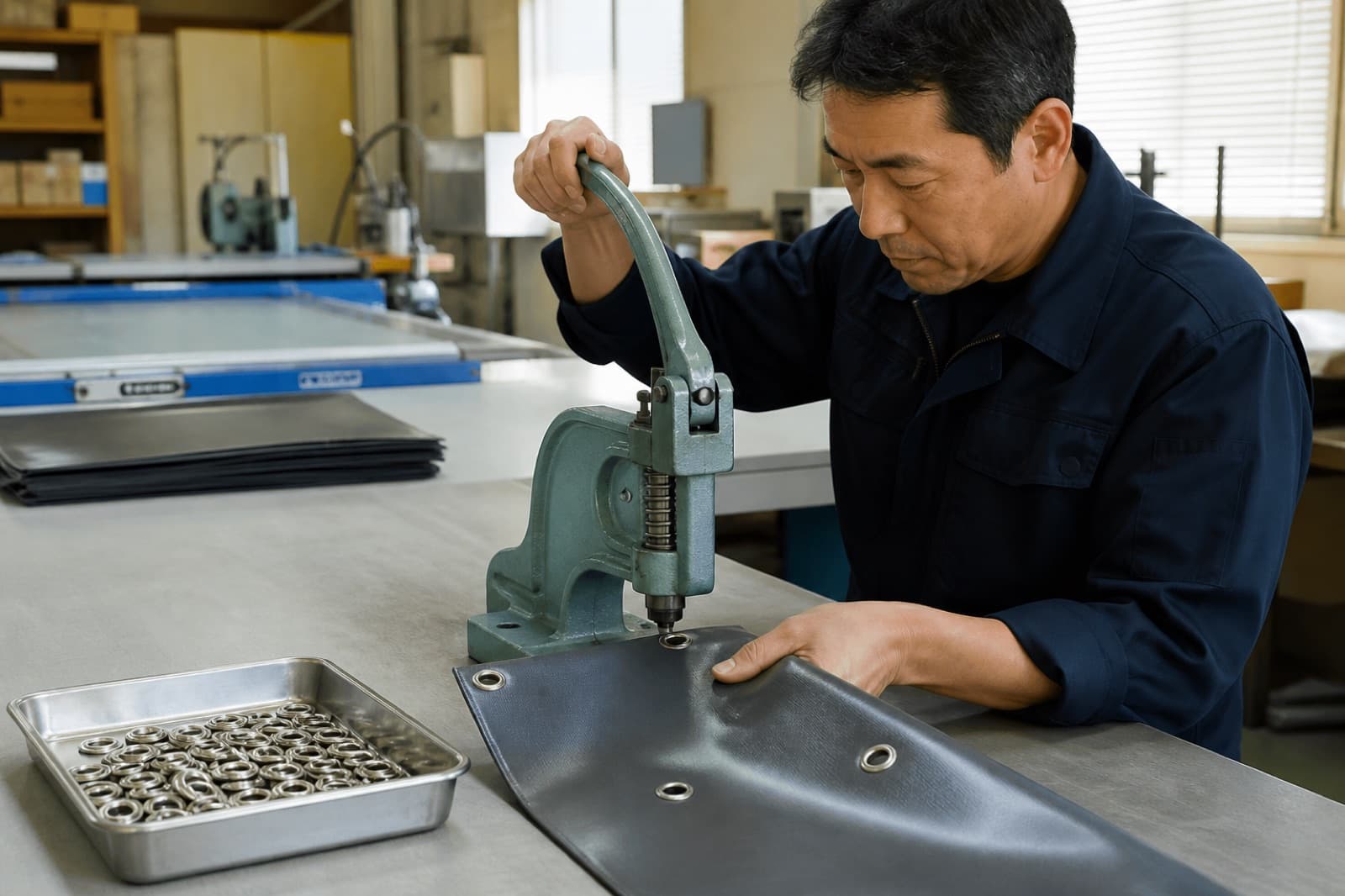 専用ハンドプレスでシートへハトメを連続施工するイメージ